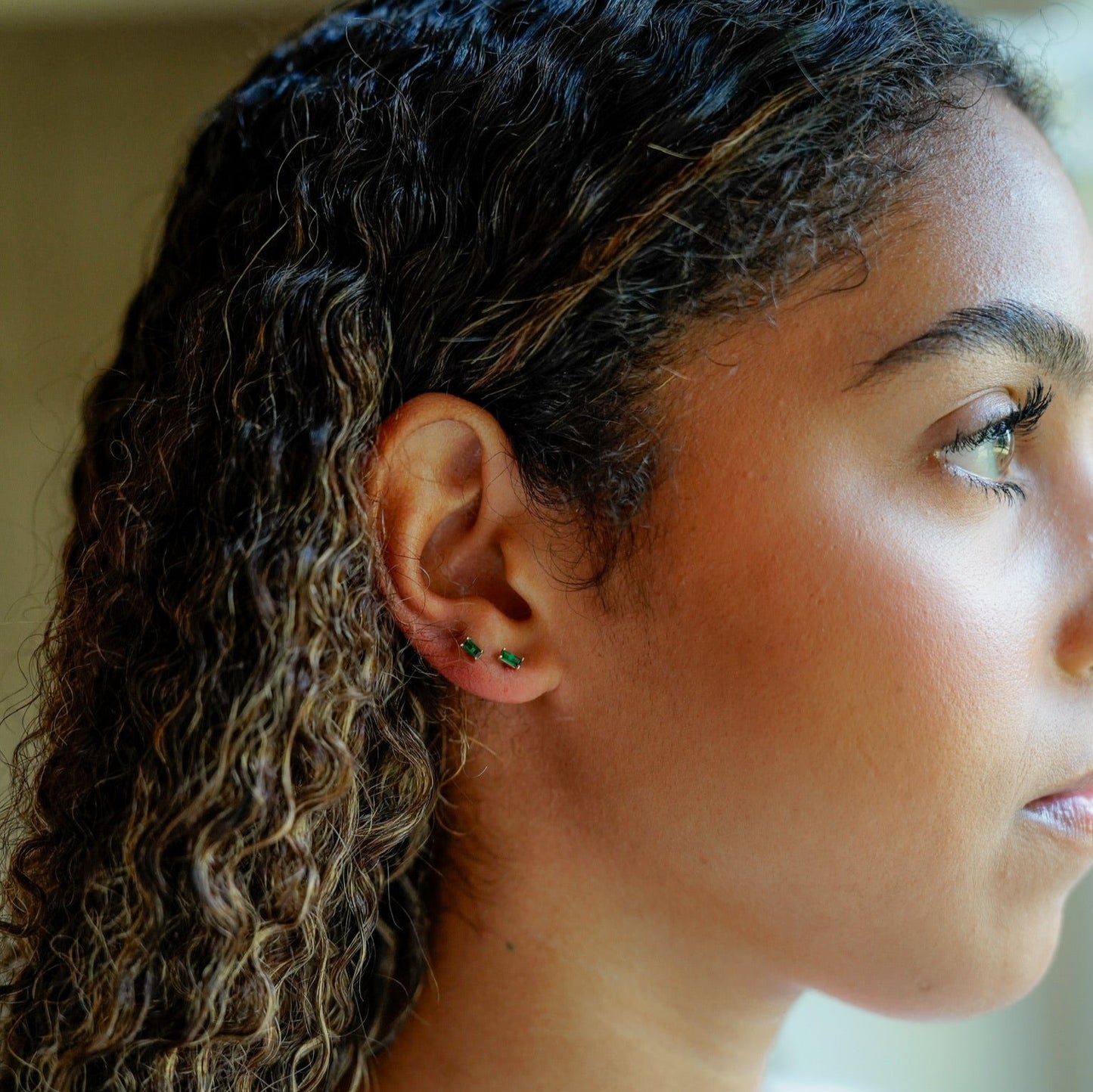 Baby Emerald Baguette Studs