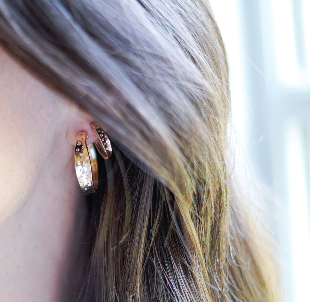 14k Gold Wavy Diamond Hoops